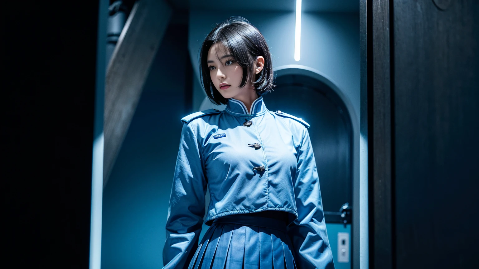 (Highest Resolution, clear_image), Highest quality, masterpiece, Very detailed, Semi-realistic, Woman with shoulder-length black hair, Dark Eyes, mature, mature woman, Imperial sister, sexy, short hair, Triple Van, Light blue uniform, Light blue uniform jacket, soldier, Light blue pleated skirt, uniform, Fighter Front, future, SF, universe