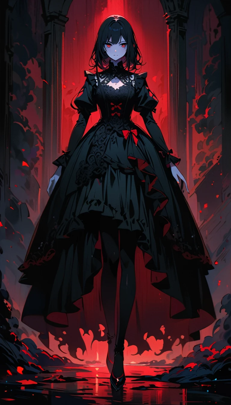 a gothic lolita girl,pale skin,red lips,porcelain doll-like face,intricate black lace Evening Dress,(whole body),Exquisite shoes,Thick stockings,ruffles,bows,high collar,long black hair,haunting gaze,dark fairy tale,dramatic lighting,moody atmosphere,cinematic,highly detailed,masterpiece