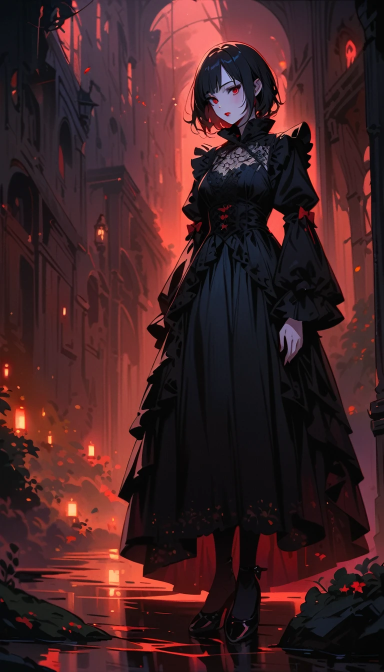 a gothic lolita girl,pale skin,red lips,porcelain doll-like face,intricate black lace Evening Dress,(whole body),Exquisite shoes,Thick stockings,ruffles,bows,high collar,long black hair,haunting gaze,dark fairy tale,dramatic lighting,moody atmosphere,cinematic,highly detailed,masterpiece