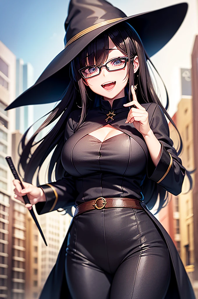 最high quality, high quality, 8k、High resolution,Highest quality、solo、Open Mouth Smile、An anime character dressed in black clothing, wearing a black hat and glasses, Frivolous anime witch casting a spell, A strong and plump female magician, , chic, Anime Moe Art Style, Cute Witch, I also make fan art, Sky Witch