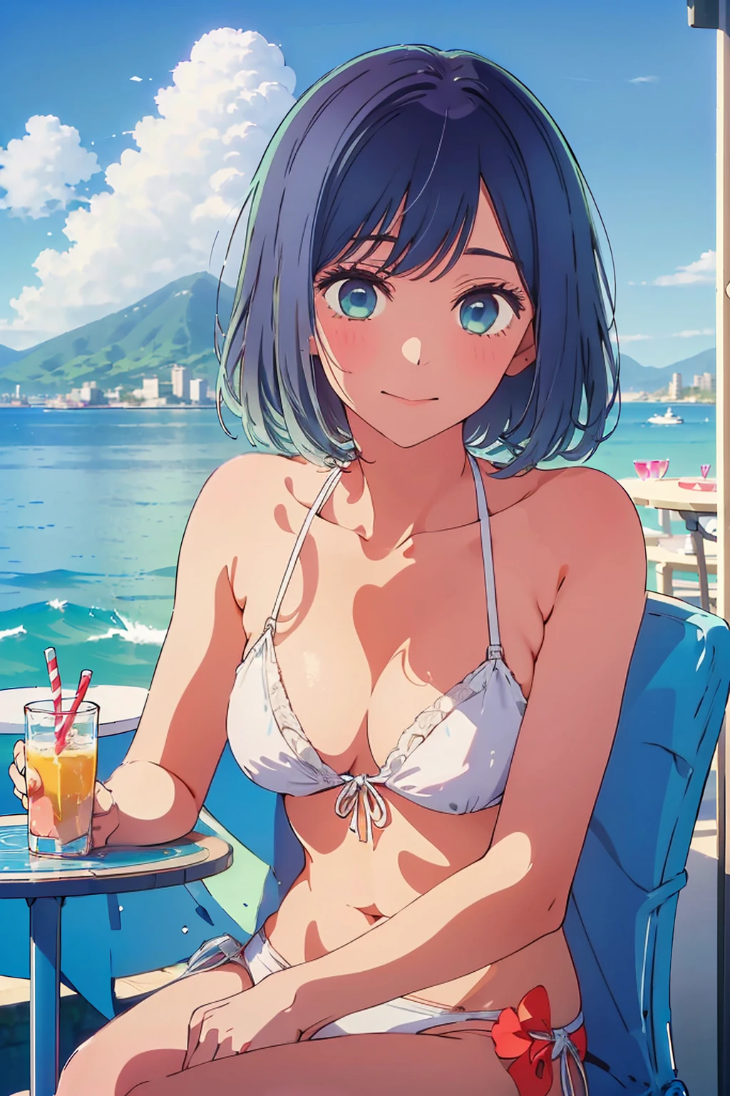 (Highest quality:1.4、8k:1.4、detailed)、F cup bust、Big Breasts、Slim and beautiful arms、Slim body、Very white beautiful skin、((((1 person、smile、smile、sit、Chair、In the background are the urban buildings of Tokyo、looking at the camera、Outdoor café terrace、coastal、Navy hair color、Pose touching hair、juice、White side string high leg bikini、Shooting up close、table、Very cute face))))、Very blue sky、A completely cloudless sky、She tilted her head slightly、The atmosphere is bright and lively、The woman is at the center of the image。
