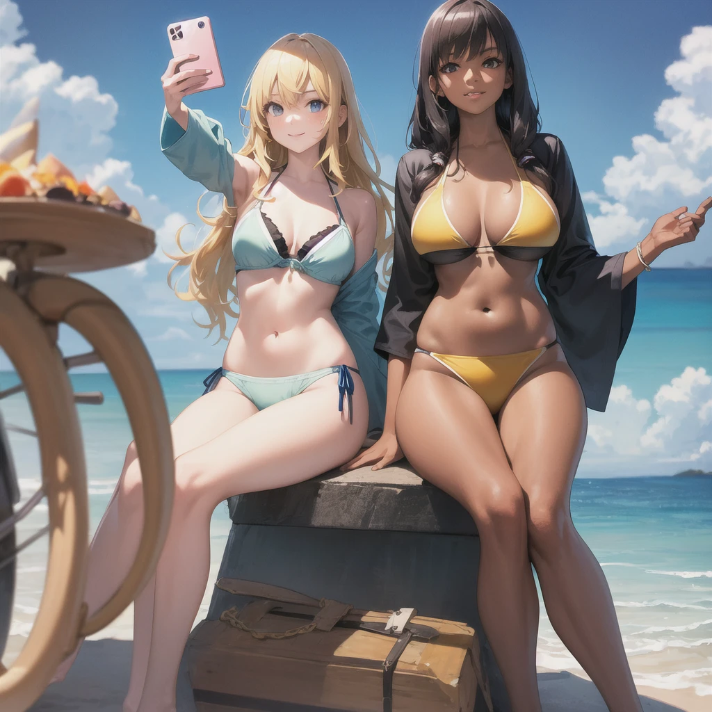 Realistic, 3 beautiful Japanese gals, Selfie, Face Enhancement, Face Zoom, Big smile, Long blonde hair, Wavy Hair, Dark Skin, Beach, bikini, Looking up from below