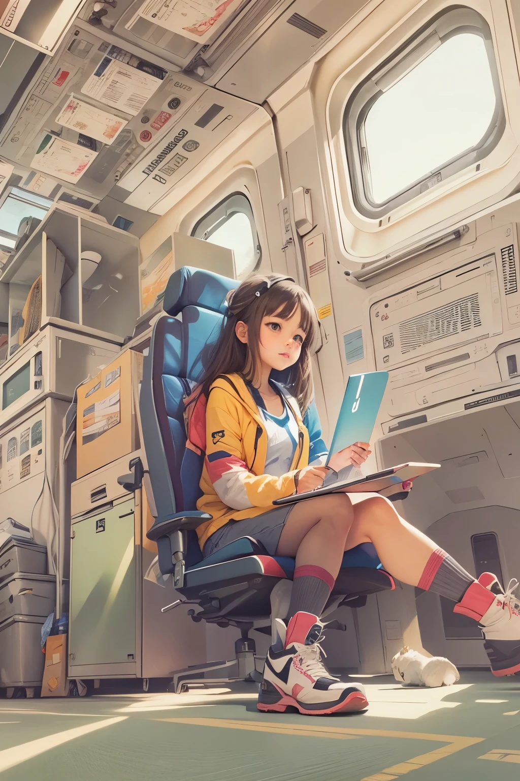 Illustration Girl sitting on a plane Low angle view