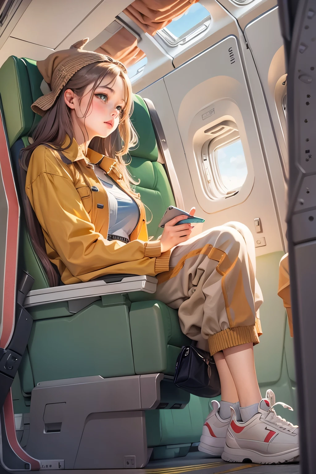Illustration Girl sitting on a plane Low angle view