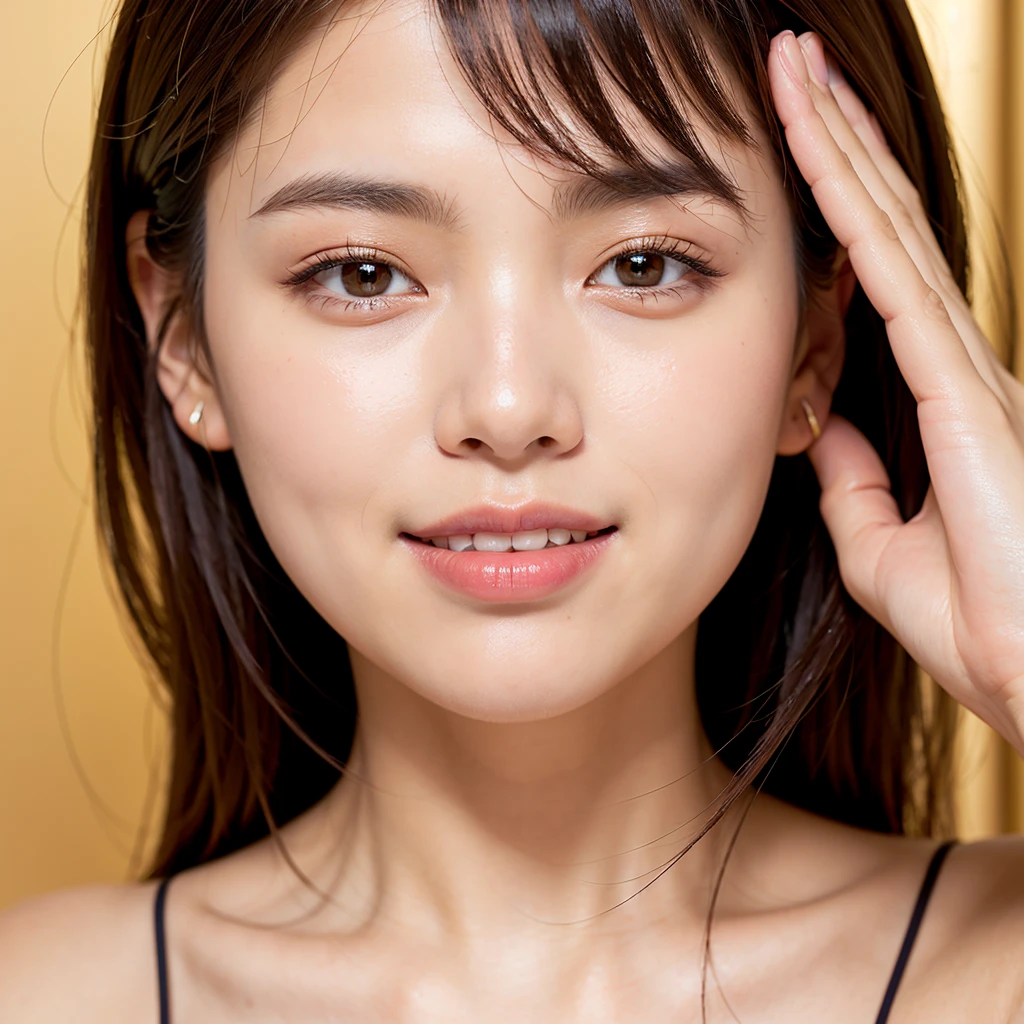 ((masterpiece)), ((Highest quality)), (美しいKorean), Eye for perfect detail, Face in perfect detail, Very elaborate nose, Close your mouth，Cosmetics manufacturer promotion、Perfect Teeth, Bare shoulders, Charm, Perfect Face, Dimples on cheeks, Depth of written boundary, High resolution, ((Real skin texture)), (Well-proportioned hands), Thin lips, Korean，Outside background