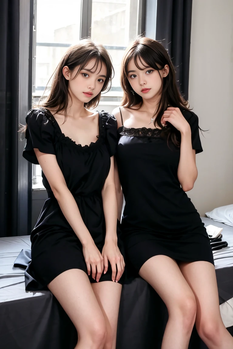 deux femmes ensemble de 18 ans sexy et mince , black short sleeve nightdress, salle de classe, se touche,position sey,sensuel