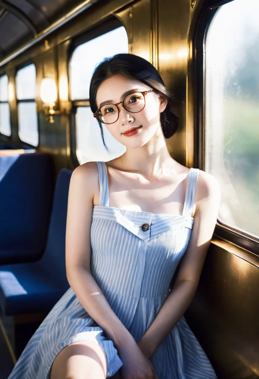 (Best quality, Ultra detailed, Golden ratio, Masterpiece:1.2), Theatrical lighting:0.7, Photo of a woman, dressed in a very elegant and pretty dress, Perfect rare face, realistic, deep blue eyes (Highly detailed skin), long black straight hair, skin texture, Pale skin, shiny skin, (thin, large size:1.5), [:(Sharp focus on rare face, perfect eyes:1.2):0.2], photorealistic, film grain, Put one foot forward, from below looking up, look at camera, Emphasize the shoulders, Focus on face, Stockings, glasses, Smile with corners of mouth raised, disdainful expression, summer haze, muted colors, muted warm colors, Photo cinematic portrait of a woman dressed in a striped light blue dress sitting by the window in the early morning, cinematic, (tilted:1.2) (on an old train) look cautious, standing under a spotlight, volumetric dust clouds, key light, backlight, soft natural lighting, photography Film grain ISO 600 30 mm lens RAW f1.8 aperture, highly detailed (analog photography:1), colors hdr