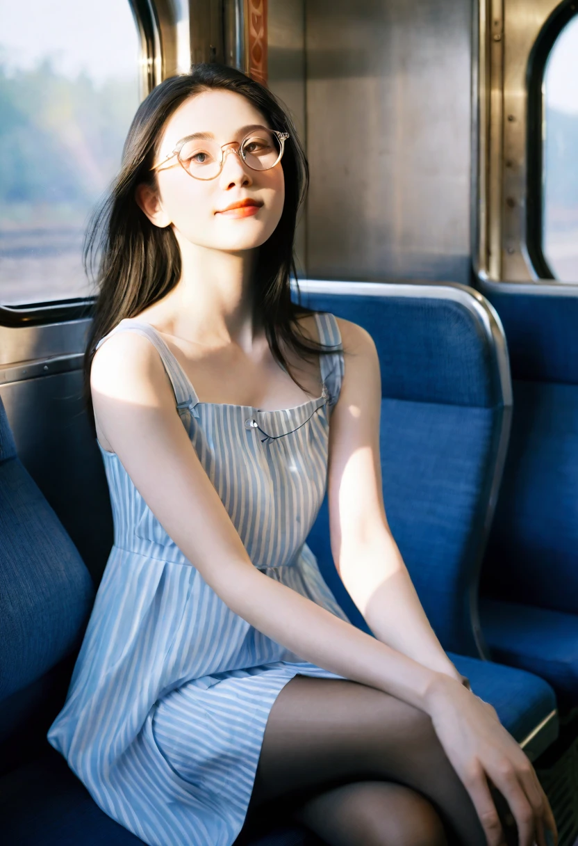 (Best quality, Ultra detailed, Golden ratio, Masterpiece:1.2), Theatrical lighting:0.7, Photo of a woman, dressed in a very elegant and pretty dress, Perfect rare face, realistic, deep blue eyes (Highly detailed skin), long black straight hair, skin texture, Pale skin, shiny skin, (thin, large size:1.5), [:(Sharp focus on rare face, perfect eyes:1.2):0.2], photorealistic, film grain, Put one foot forward, from below looking up, look at camera, Emphasize the shoulders, Focus on face, Stockings, glasses, Smile with corners of mouth raised, disdainful expression, summer haze, muted colors, muted warm colors, Photo cinematic portrait of a woman dressed in a striped light blue dress sitting by the window in the early morning, cinematic, (tilted:1.2) (on an old train) look cautious, standing under a spotlight, volumetric dust clouds, key light, backlight, soft natural lighting, photography Film grain ISO 600 30 mm lens RAW f1.8 aperture, highly detailed (analog photography:1), colors hdr