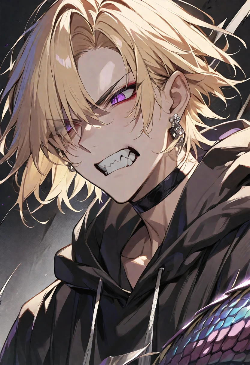 solo, handsome, 
1. male,
Hime cut,Straight Hair,short Hair, 
blonde hair, 
Gojo Satoru,
purple Eyes,Soft look,beautiful,Sexy,Darkness,Lots of silver earrings,choker,skin,
Dragon Scale,Black hoodie,Jagged teeth,
black  background,Incitement