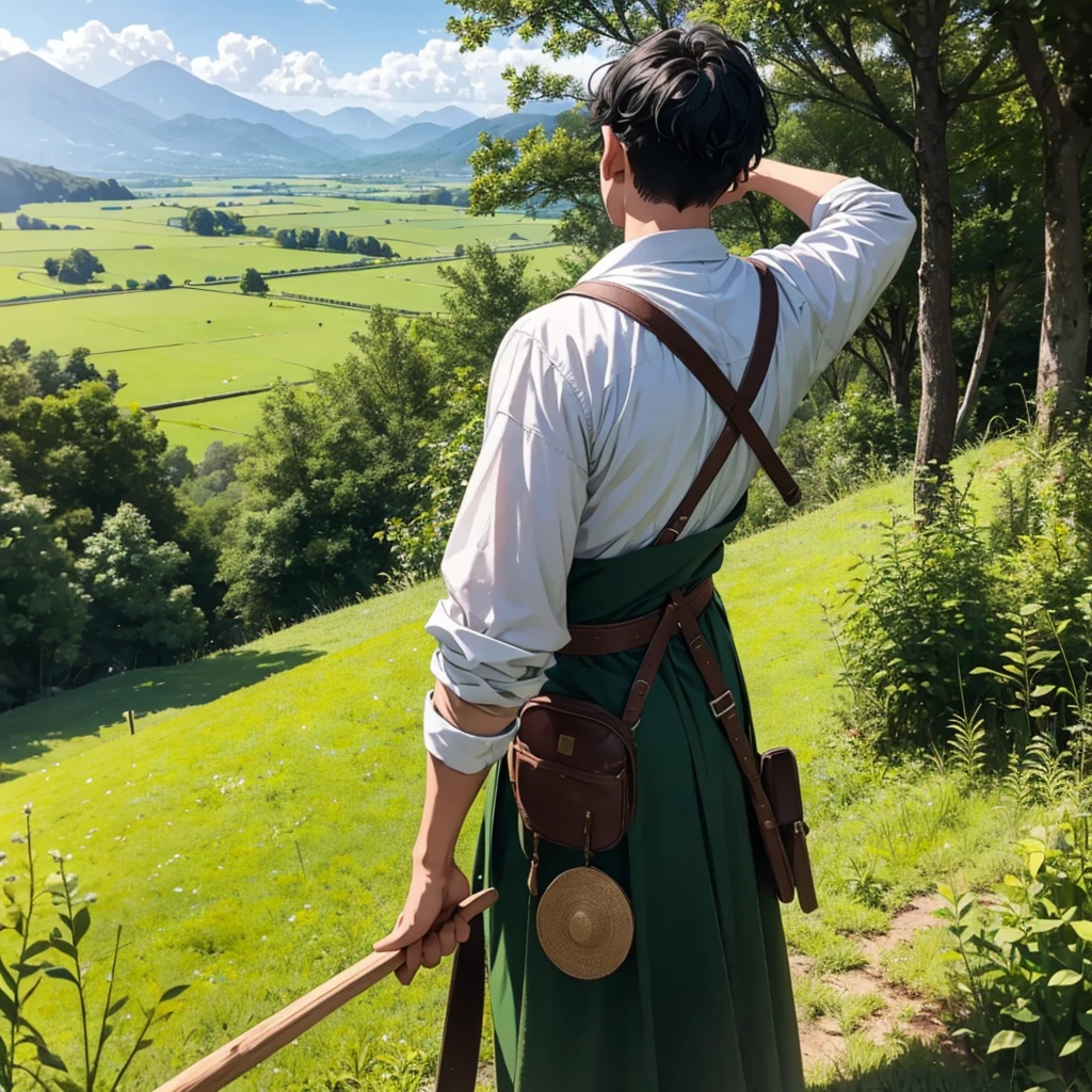 In a green meadow stands black hair boy holding stick of wooden with medieval farmer outfit
BREAK
Behind him, a green forest stretches out and beyond that, mountains rise in the distance.