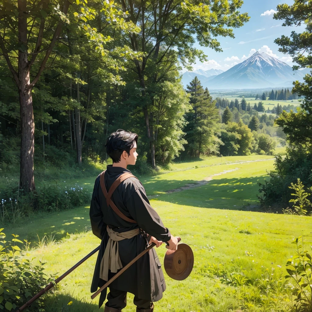 In a green meadow stands black hair boy holding stick of wooden with medieval farmer outfit
BREAK
Behind him, a green forest stretches out and beyond that, mountains rise in the distance.
