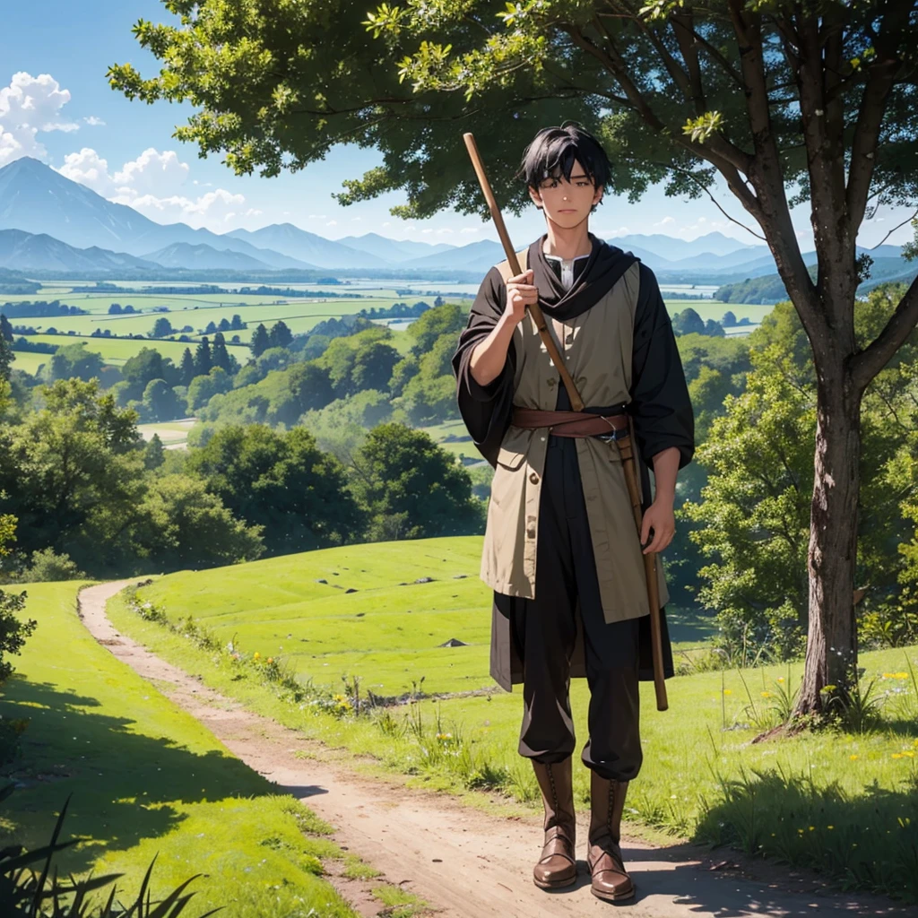 In a green meadow stands black hair boy holding stick of wooden with medieval farmer outfit
BREAK
Behind him, a green forest stretches out and beyond that, mountains rise in the distance.