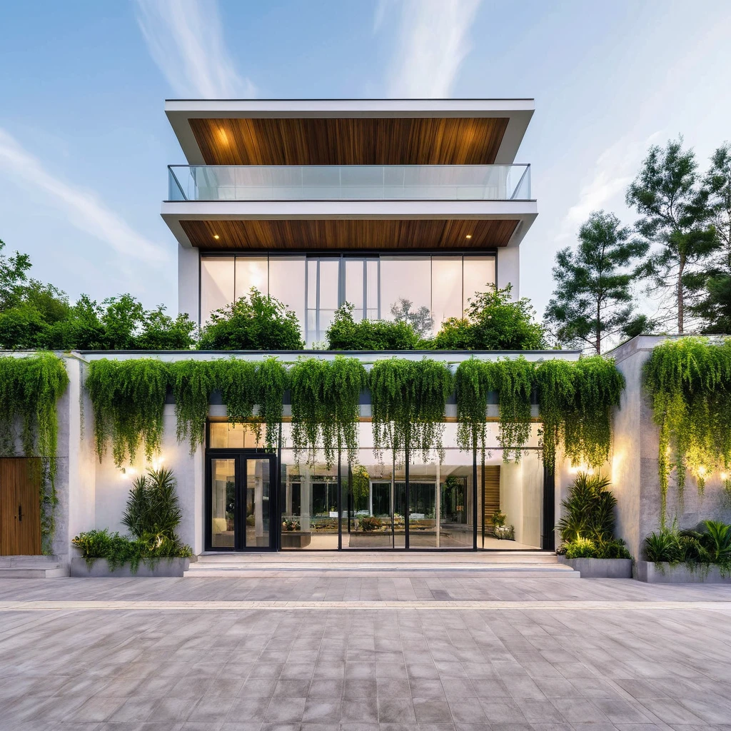 Real pictures of houses with balconies and balconies, idea houses, architectural ideas, architectural drawings, house designs, real pictures, daylight, beautiful plants, gray aluminum glass doors , interior lighting, spot light, 8k.
