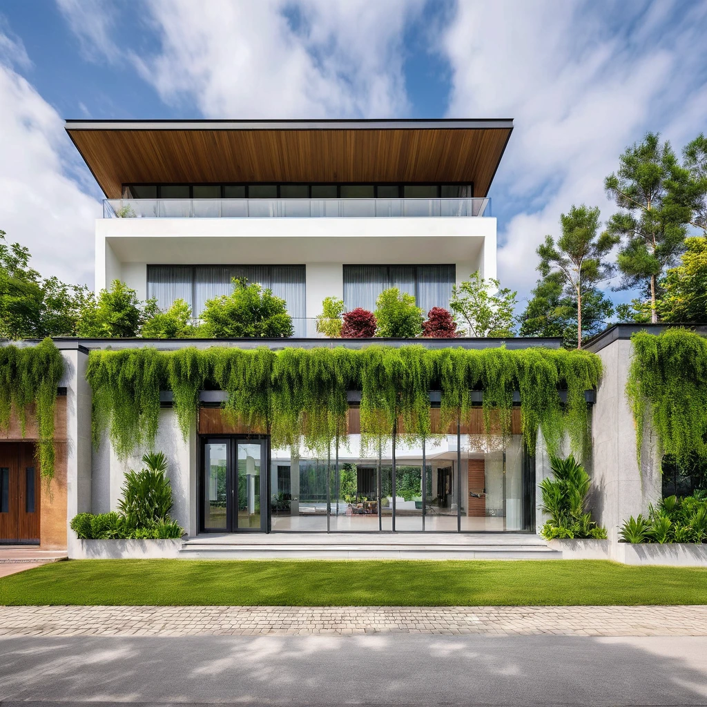 Real pictures of houses with balconies and balconies, idea houses, architectural ideas, architectural drawings, house designs, real pictures, daylight, beautiful plants, gray aluminum glass doors , interior lighting, spot light, 8k.