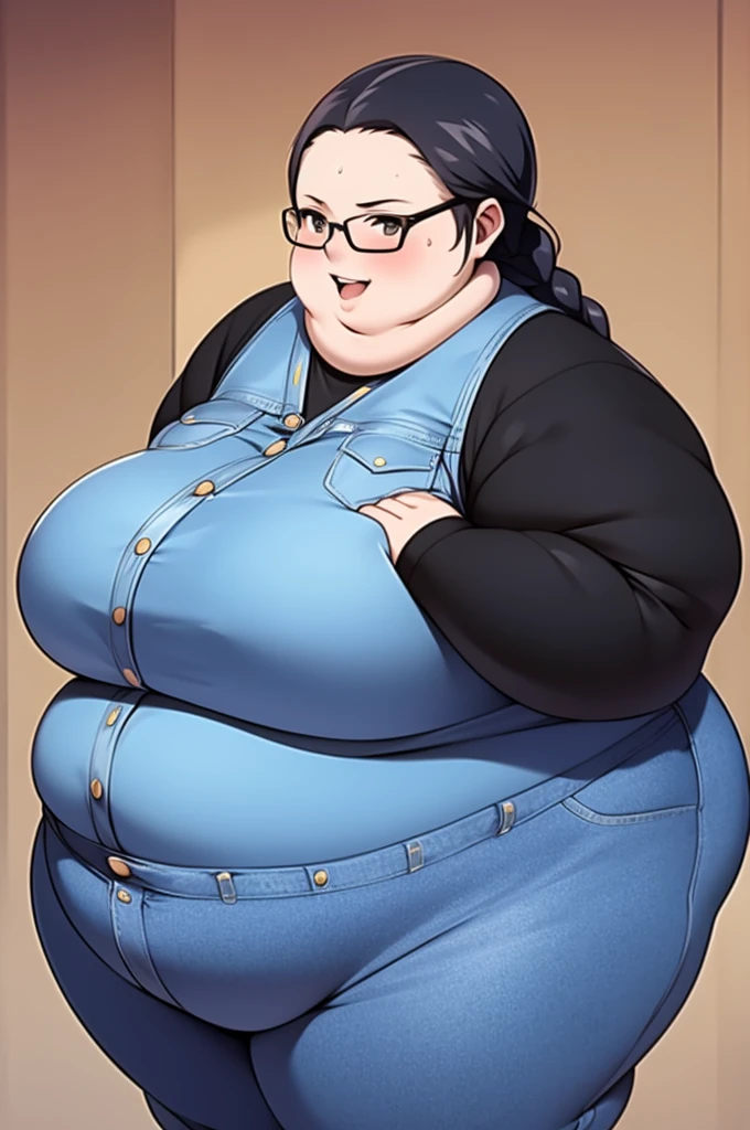 Anime Women, Lady、Black Hair, Forehead、Braid、Glasses、Brown eyes、Are fat、Chubby、Voluptuous、obesity、Double chin、Cheek、Fat-covered neck、Big Breasts、Thick upper arms、Denim jumpsuit、Jumper、Sweat、blush