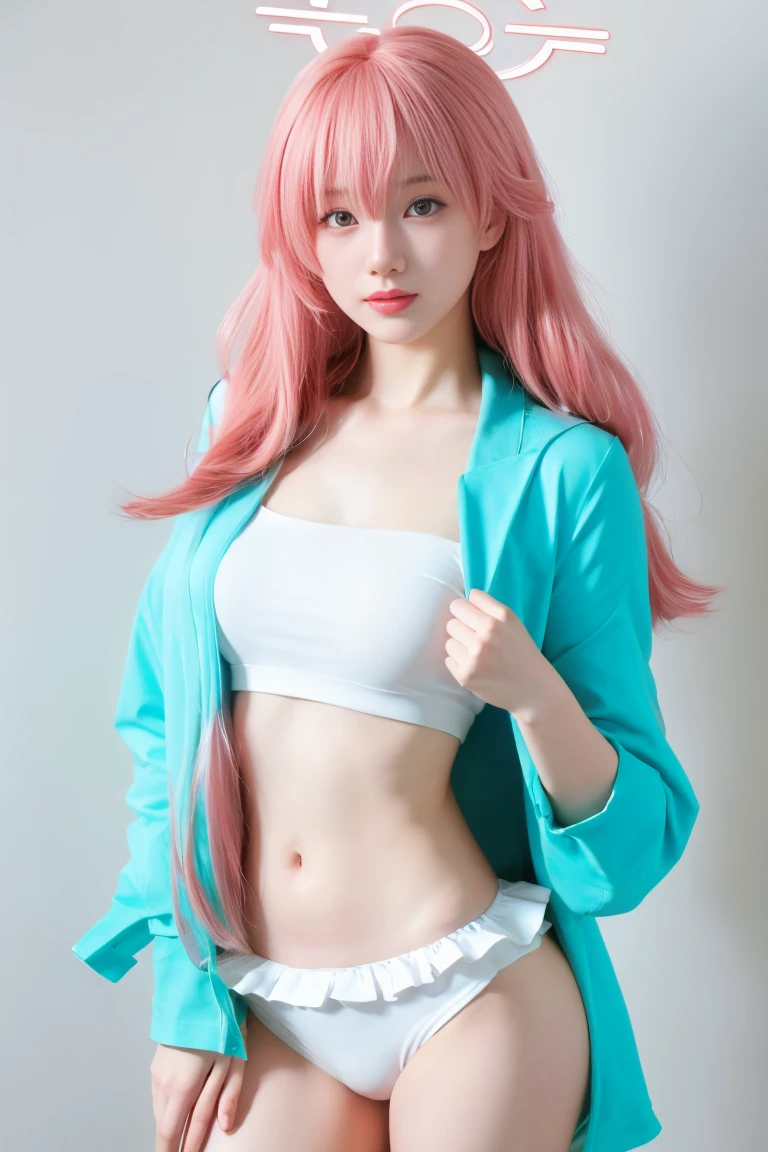 best quality, tmasterpiece,Ultra-high resolution,Clear face,(Reality:1.4),ferpect lighting,(upper body shot), (photorealistic:1.50), anime wallpaper, Guviz style artwork, cover-up fantasy up to magic , by Yang J, Guviz, beautiful artwork illustration, beautiful digital artwork, beautiful digital illustration, Li Song, beautiful anime portrait, art style in Beauvot, Hoshino, 1girl,solo, pink hair, long hair,Swimsuit,green jacket,