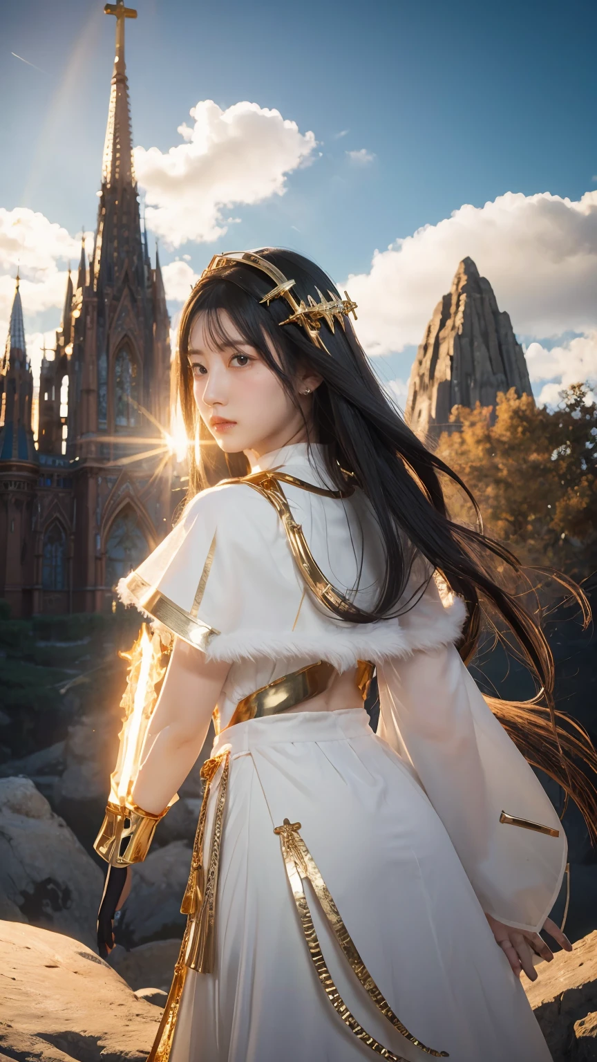 ((masterpiece, best quality, extremely detailed), volumetric lighting, ambient occlusion, colorful, glowing), 1girl, solo, young girl, (black fluffy hair), long hair, halo, aura, sacred, goddess, cleric suit, (white outfit with gold detailst:1.3), armor, outdoors, sunset, sky, clouds, space, (fantasy theme:1.2),