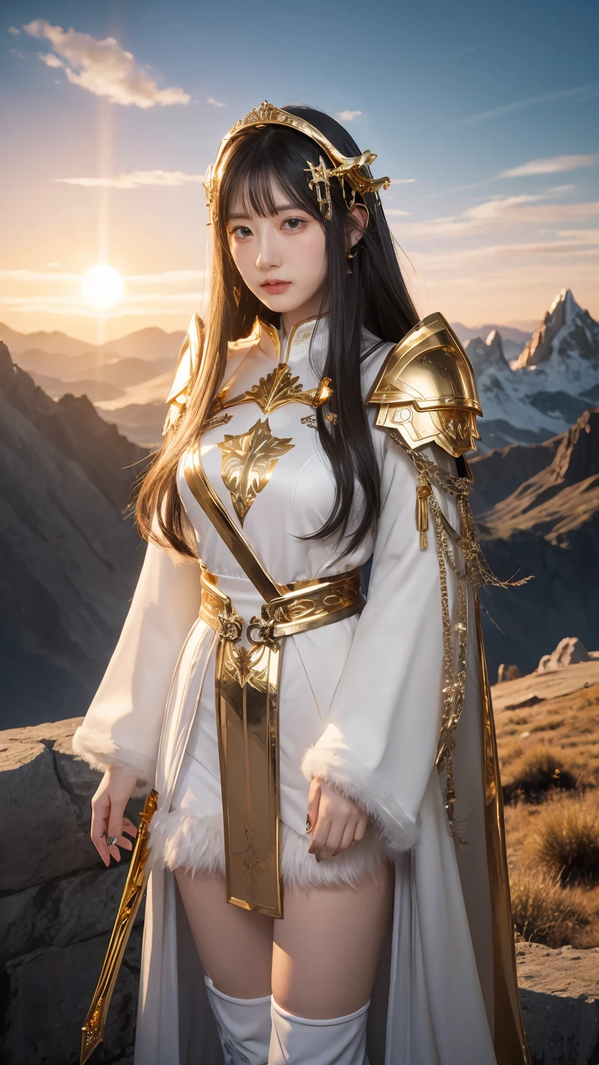 ((masterpiece, best quality, extremely detailed), volumetric lighting, ambient occlusion, colorful, glowing), 1girl, solo, young girl, (black fluffy hair), long hair, halo, aura, sacred, goddess, cleric suit, (white outfit with gold detailst:1.3), armor, outdoors, sunset, sky, clouds, space, (fantasy theme:1.2),