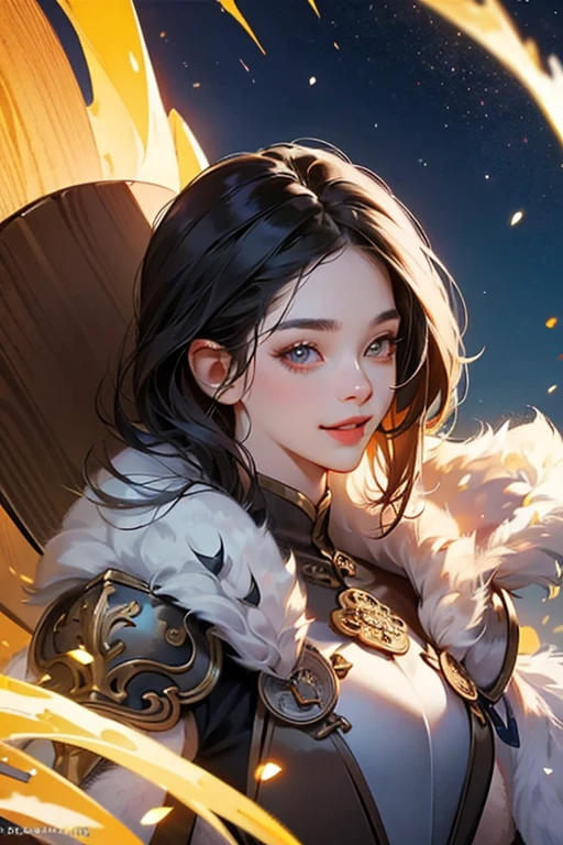 chinese_Armor,25 year old Chinese girl,Women's Armor,alone,shoulder_Armor,helmet,blue_sky,hair,fur trim,hair waist protection,detailed_eye,looking at viewer,smiling,night,black hair,masterpiece, best quality, perfect eye, perfect face, perfect lighting, 8K,complete anatomy,