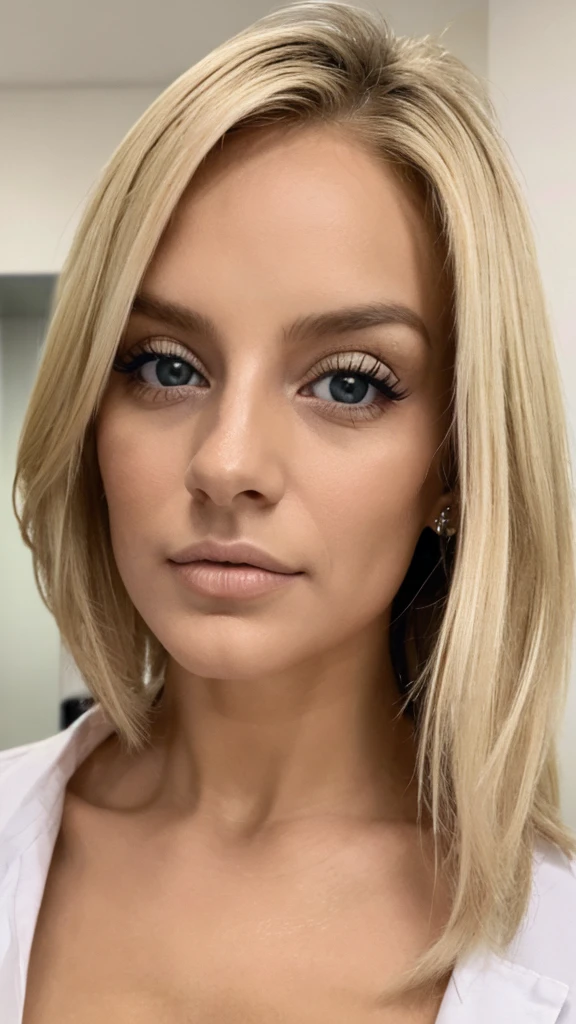 Make an image of a dead-looking blonde woman, sangue no rosto, unhas grandes, olhos arregalados, veatida em uma roupa branca tipo de hospital, dentro de um banheiro se olh6no espelho