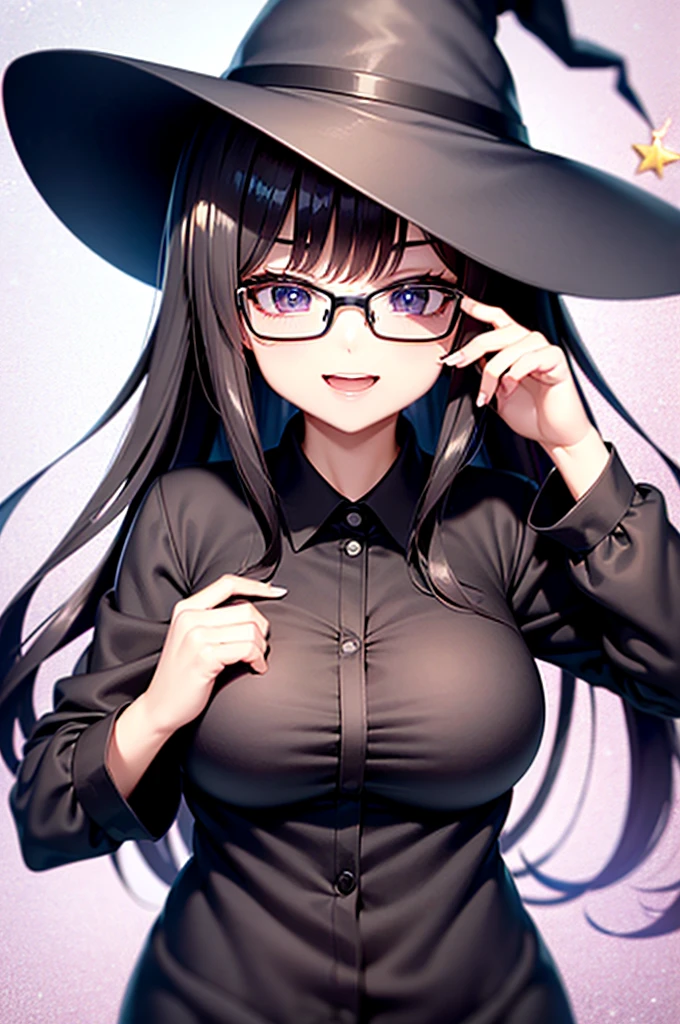 最high quality, high quality, 8k、High resolution,Highest quality、solo、Open Mouth Smile、A girl dressed in black clothes and wearing a black hat and glasses, Frivolous anime witch casting a spell, A strong and plump female magician, , chic, Anime Moe Art Style, Cute Witch, I also make fan art, Sky Witch