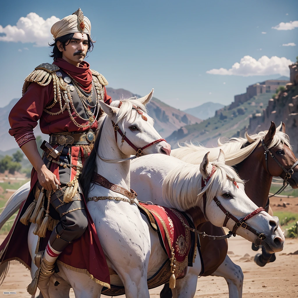 Maharana Pratap is on a white horse is ready to fight the war with the tribal Bhil warriors. 
