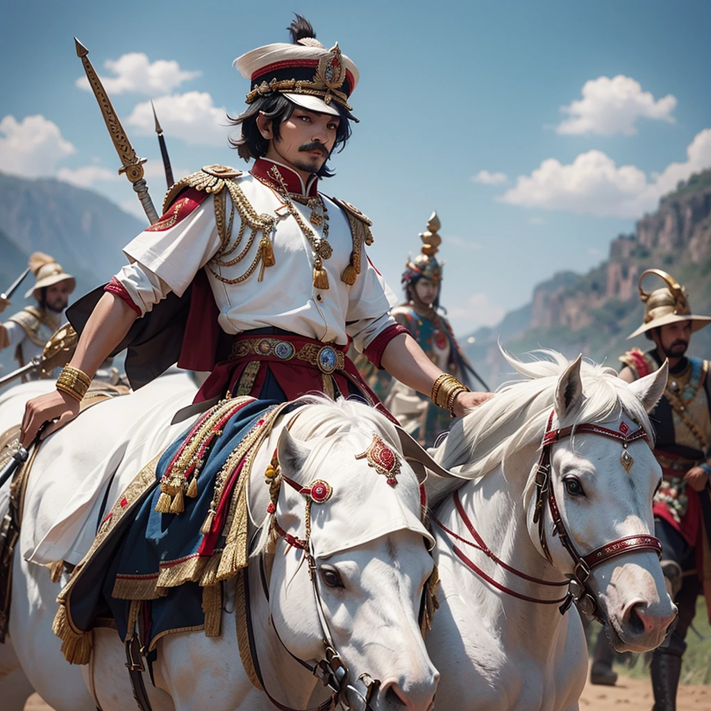 Maharana Pratap is on a white horse is ready to fight the war with the tribal Bhil warriors. 