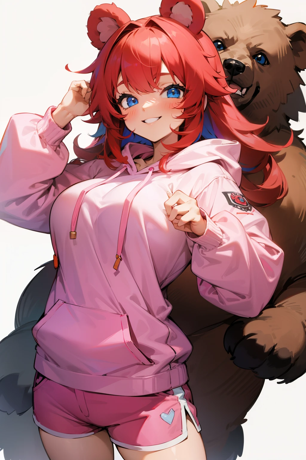 Cute girl, red hair, blue eyes, smile, pink hoodie, colorful shorts, big breasts, bear ears