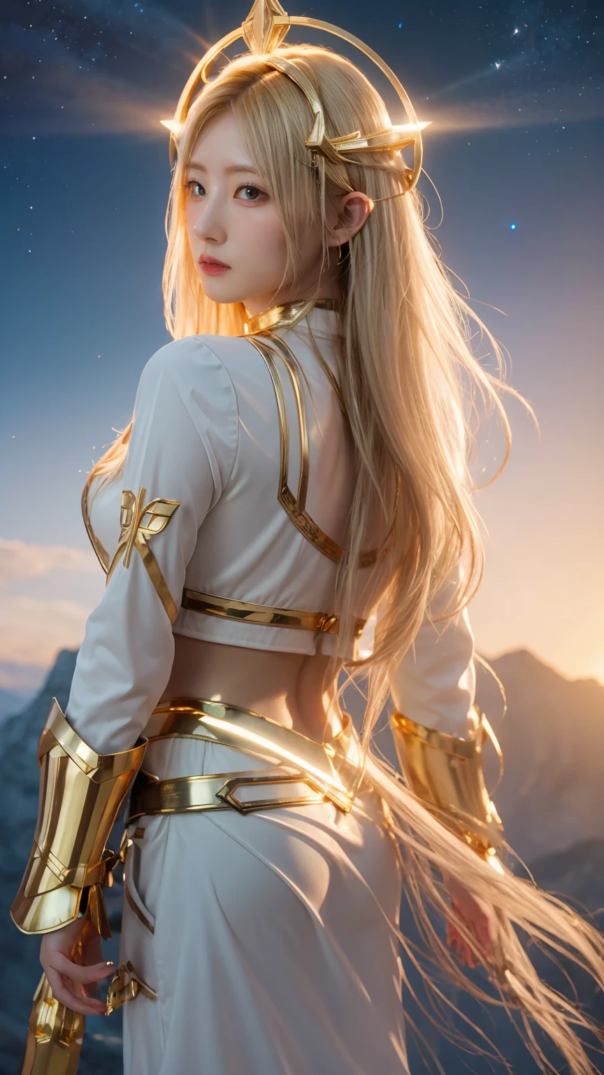 ((masterpiece, best quality, extremely detailed), volumetric lighting, ambient occlusion, colorful, glowing), 1girl, solo, young girl, (blonde hair), long hair, halo, aura, sacred, goddess, cleric suit, (white outfit with gold detailst:1.3), armor, outdoors, sunset, sky, clouds, space, (fantasy theme:1.2),