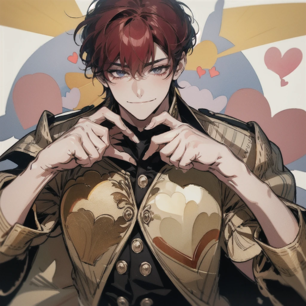 Bright red hair,short hair,clear line drawing, transparent watercolor, clear shading, beautiful young man, slim,finger heart, Fashionable everyday wear, convey love, inner strength, loves it,high quality, Amount to draw, pixiv illustration,smile, {{{man make heart symbol with fingers,make heart symbol with index fingers and middle fingers}}},((Holding a heart, heart pose, front hands))