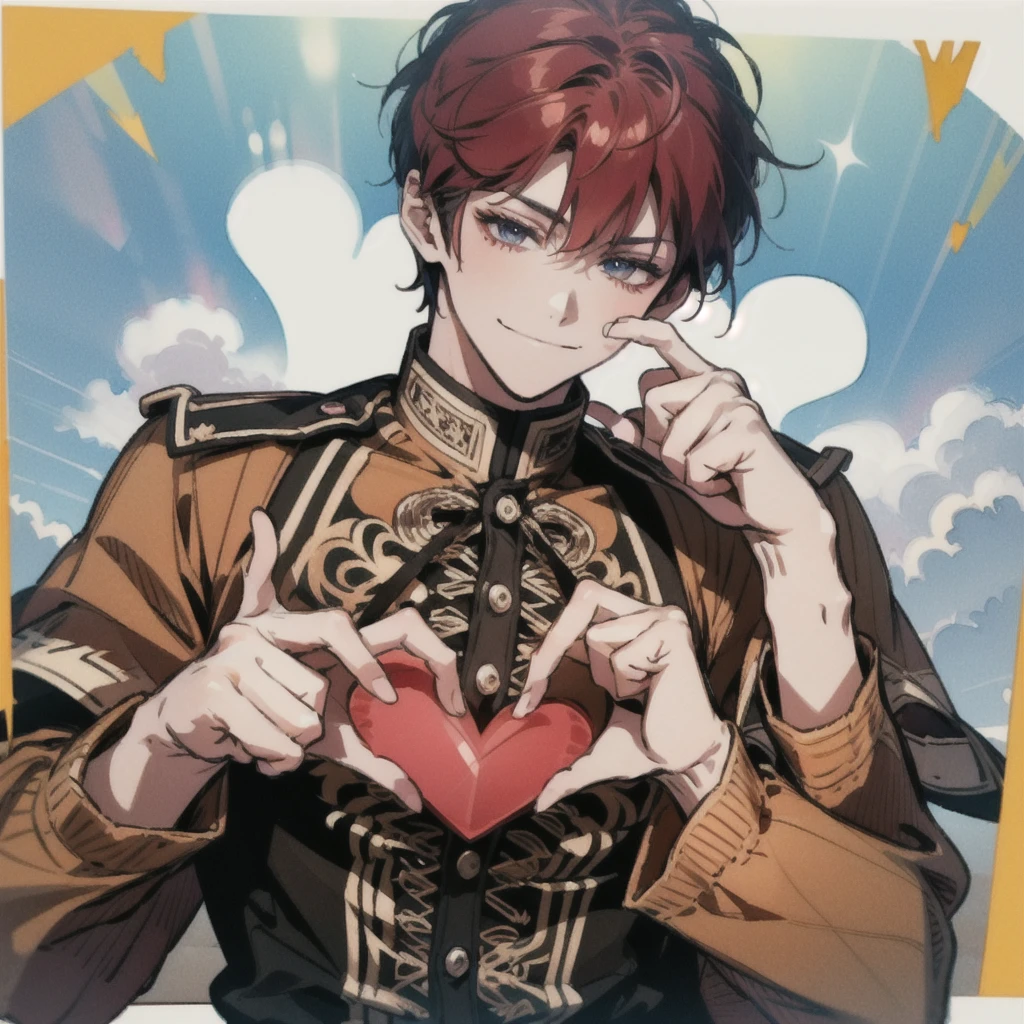 Bright red hair,short hair,clear line drawing, transparent watercolor, clear shading, beautiful young man, slim,finger heart, Fashionable everyday wear, convey love, inner strength, loves it,high quality, Amount to draw, pixiv illustration,smile, {{{man make heart symbol with fingers,make heart symbol with index fingers and middle fingers}}},((Holding a heart, heart pose, front hands))