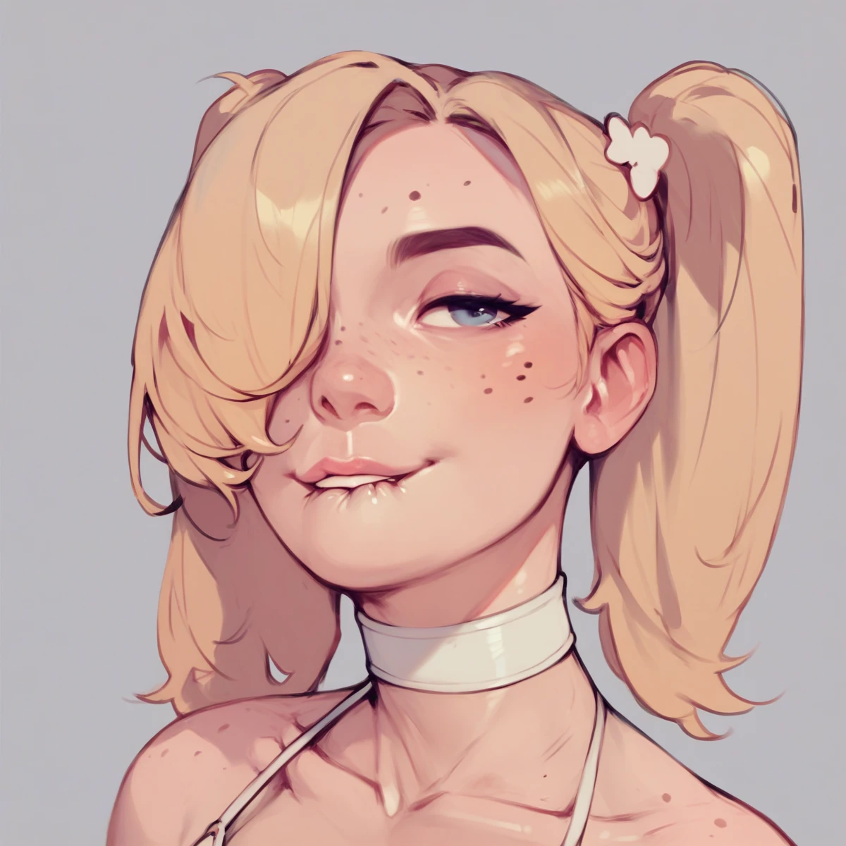 score_9,score_8_up,score_7_up,score_6_up,score_5_up,score_4_up, 1girl, pretty girl, blonde hair, in twintails, hair over 1 eye, cute nose. biting lip, seductive, white choker, pink lips, freckles, bikini