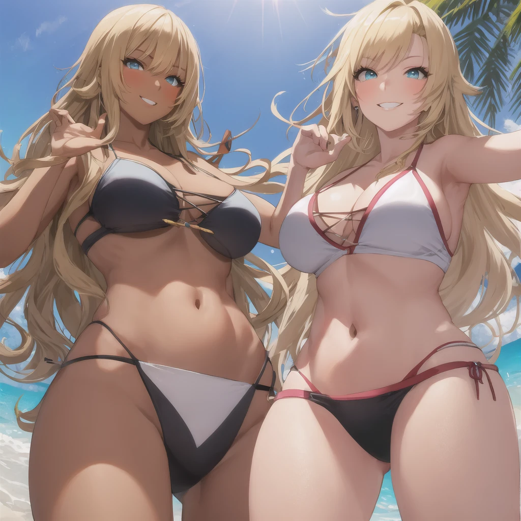 Realistic, 3 beautiful Japanese gals, Selfie, Face Enhancement, Face Zoom, Big smile, Long blonde hair, Wavy Hair, Dark Skin, Beach, bikini, Looking up from below