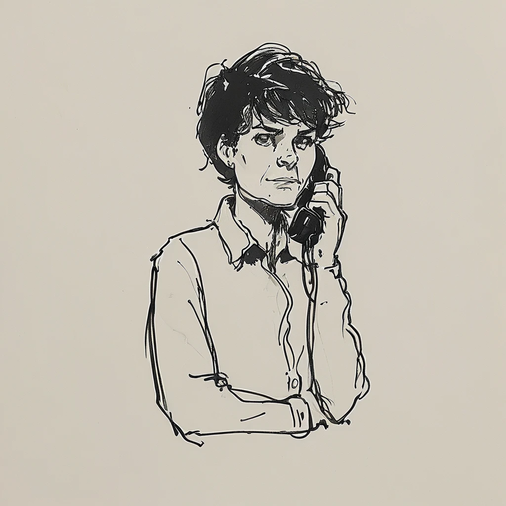 a black and white drawing of a close-up of a funny agender person who replies to the office phone