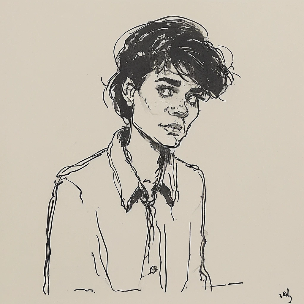 a black and white drawing of a close-up of a funny agender person who replies to the office phone