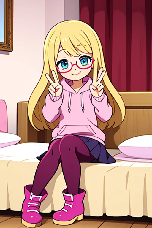 ((masterpiece, best quality, ultra-detailed, 1girl, solo, penny peterson, long hair, blonde hair, blue eyes, 13-year-old, lavender glasses, bright pink hoodie, dark lavender pleated skirt with white trimmings, burgundy red leggings, pink wide heeled boots, pink bedroom, beautiful face, cute, smile, joyful expression, happy, very happy, smiling, daytime, peace sign, sitting on a chair 