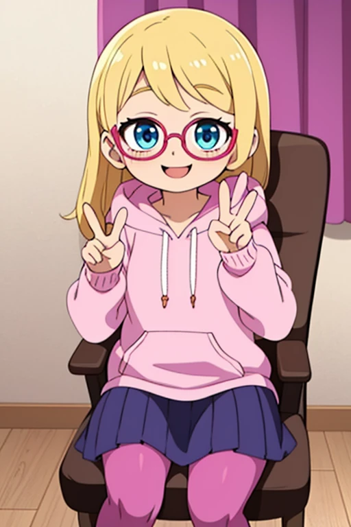 ((masterpiece, best quality, ultra-detailed, 1girl, solo, penny peterson, long hair, blonde hair, blue eyes, -yeld, lnder glasses, bright pink hoodie, dark lavender pleated skirt with white trimmings, burgundy red leggings, pink wide heeled boots, pink bedroom, beautiful face, cute, smile, joyful expression, happy, very happy, smiling, daytime, peace sign, sitting on a chair