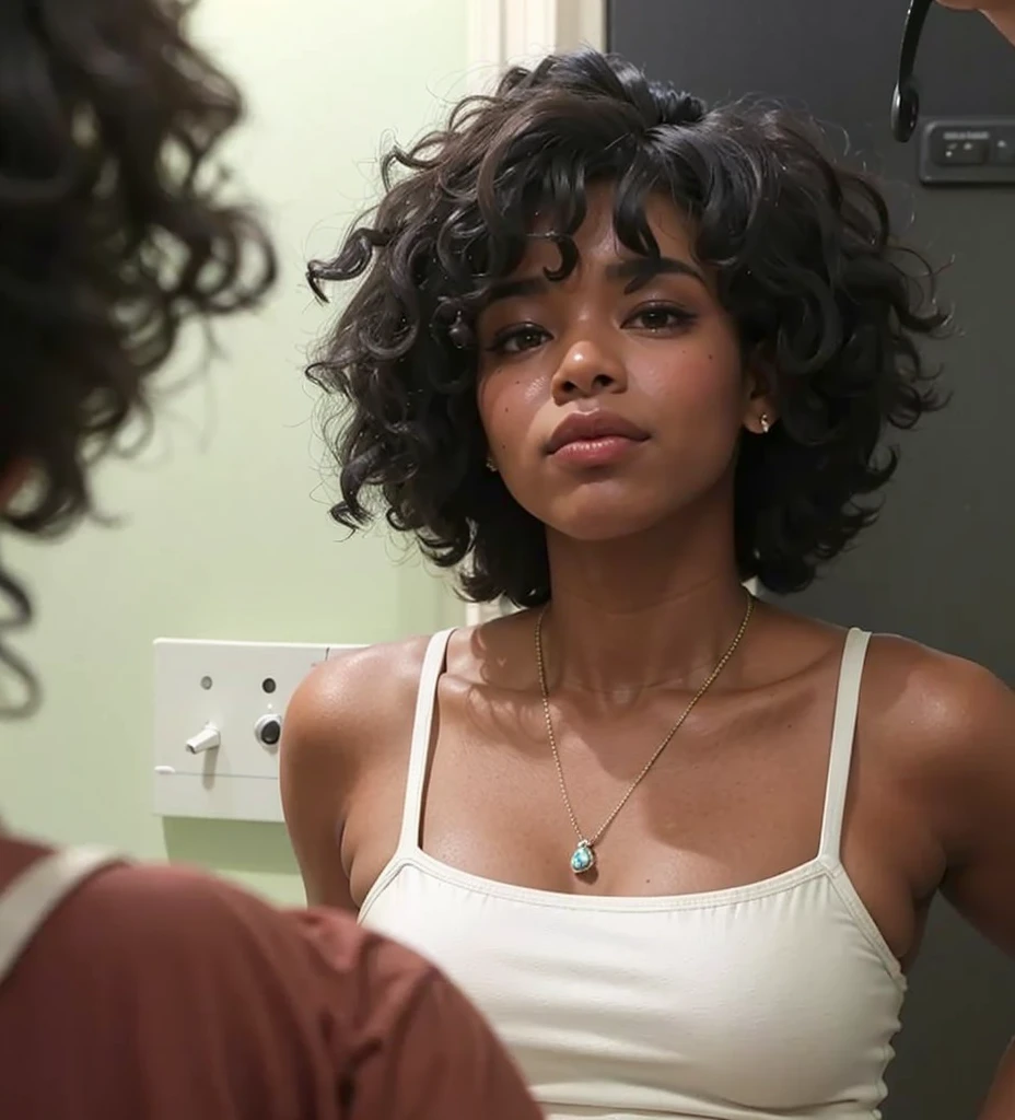 Hay una mujer que se mira en el espejo, Cabello Natural, su rostro enmarcado con rizos, Rizado afro, piel morena, Joven negra, moreno, con afro, piel oscura, Foto de una mujer negra, Joven negra, con cabello y piel texturizados, pelo rizado, flequillo rizado, Joven afroamericana, cabello negro rizado, cabello afro