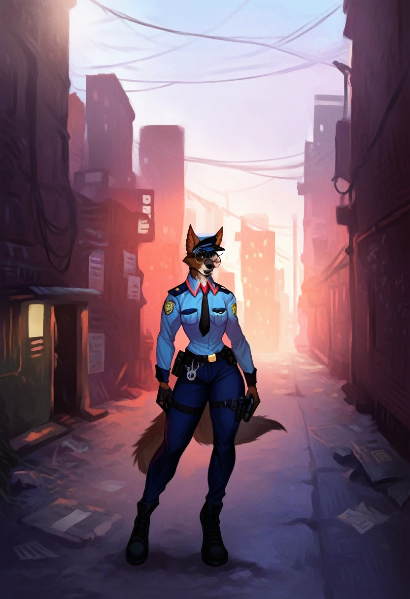 a cyberpunk anthropomorphic wolf police officer,1 black wolf,police officer,wearing red round glasses,cyberpunk inspired clothing,standing in a cyberpunk city alley,cyberpunk city,alley,shootout,detailed,highly detailed,cinematic,dramatic lighting,hyper realistic,octane render,award winning,intricate details,best quality,8k,extremely detailed,photorealistic,masterpiece