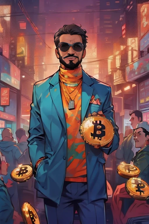 a man,holding bitcoin,crowded with fans.