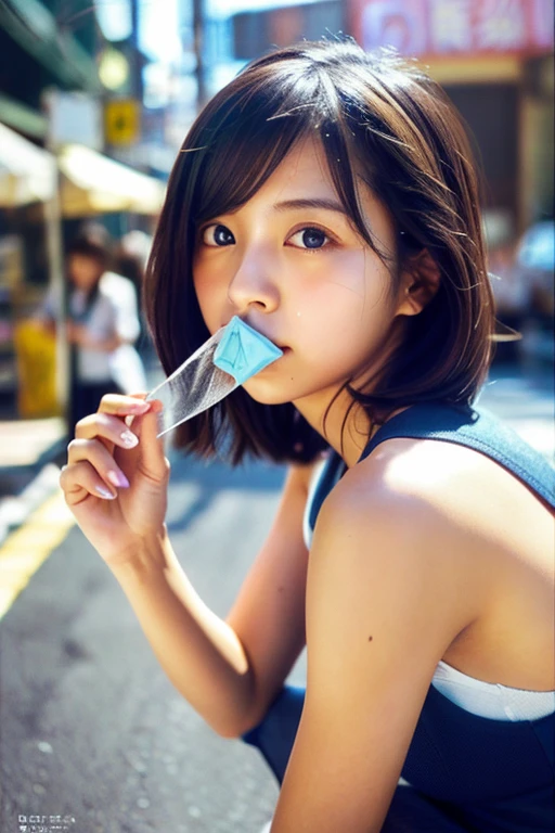 Analog Style, RAWphotograph, photograph, Hyperrealistic, amateur photo shot , Aesthetic artwork, ((Magazine Cover、Large text)), On the city streets, Detailed skin, detailed natural raw light, Very detailedな, Cinematic, highest quality, Super detailed, Very detailed, grain, noise, Heading, stylish, font, Memorable、A boyish and healthy beautiful girl,((Flowing sweat)) Beautiful Eyes, Realistic eyes, Beautiful details in the eyes, (Realistic Skin),Japanese Idols、short hair、High school girl、Short skirtチョーカー、(((Hold a condom in your mouth)))
