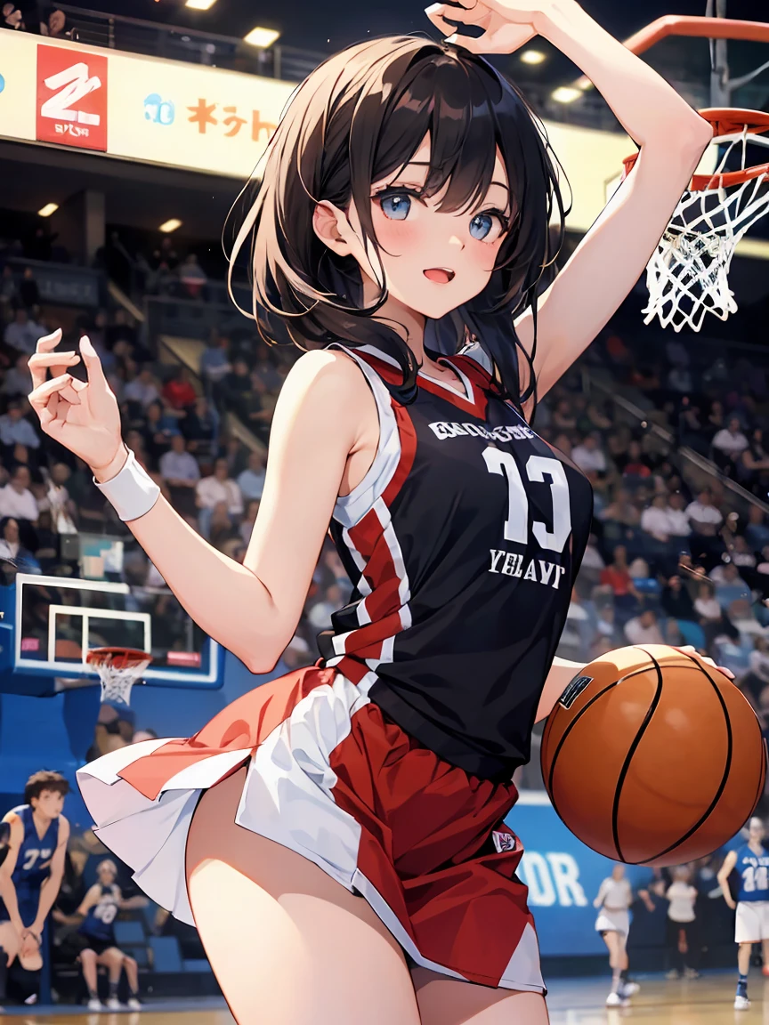 en una chica、divertido、vestido,（small breasts ) , Cabello negro corto, ojos negros, jugando al baloncesto, feliz, basketball score A women&#39;s basketball uniform, jersey azul marino ajustado sin mangas, rayas laterales blancas y doradas, white numbers with gold outline, pantalones cortos azul marino a juego, rayas laterales en pantalones cortos, logotipo del equipo en pantalones cortos, fondo de un juego de baloncesto. number 0