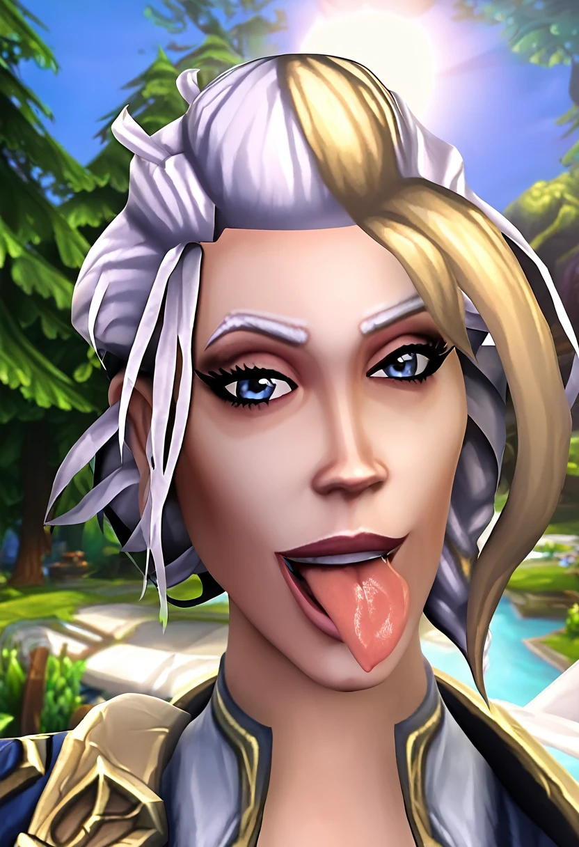 Jaina proudmoore, beautiful girl, (((((small)))), showing face, protruding tongue, short hair, brown, 8k, professional photography, delicate, clear, in the forest, sun, light leakage, masterpiece, (beautiful)))), (reality)))), smile, fantastic, angel, young