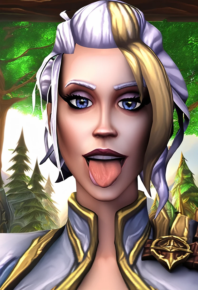 Jaina proudmoore, beautiful girl, (((((small)))), showing face, protruding tongue, short hair, brown, 8k, professional photography, delicate, clear, in the forest, sun, light leakage, masterpiece, (beautiful)))), (reality)))), smile, fantastic, angel, young