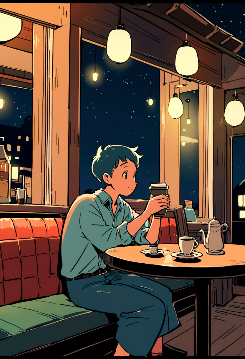 Man sitting in café,sunny,Night Sky,Drink coffee, Japanese,Ghibli style,16:9