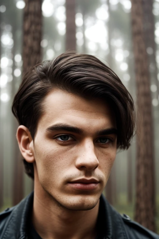 ((best quality)), (masterpiece), Goth subculture Australian man of 21years old, messy black hair with some part on the side sticking up, heavy black eyeliner makes his eyes seem sunken into his face, soft white make-up, his clothing is all black, he stands amongst eucalyptus trees towering into the ethereal misty fog, to the right of the man and in front is a small hole, a shovel sticks into a pile of dirt next to the hole