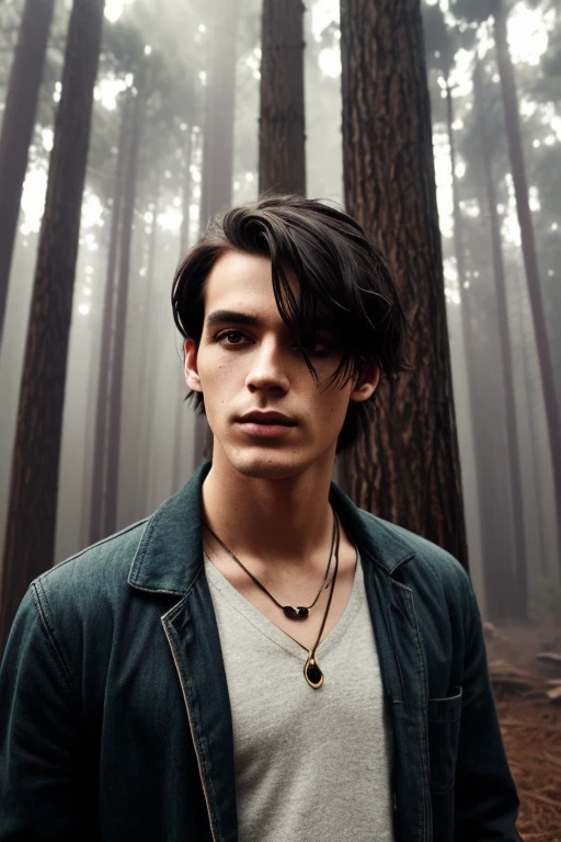 ((best quality)), (masterpiece), Goth subculture Australian man of 21years old, messy black hair with some part on the side sticking up, heavy black eyeliner makes his eyes seem sunken into his face, soft white make-up, his clothing is all black, he stands amongst eucalyptus trees towering into the ethereal misty fog, to the right of the man and in front is a small hole, a shovel sticks into a pile of dirt next to the hole
