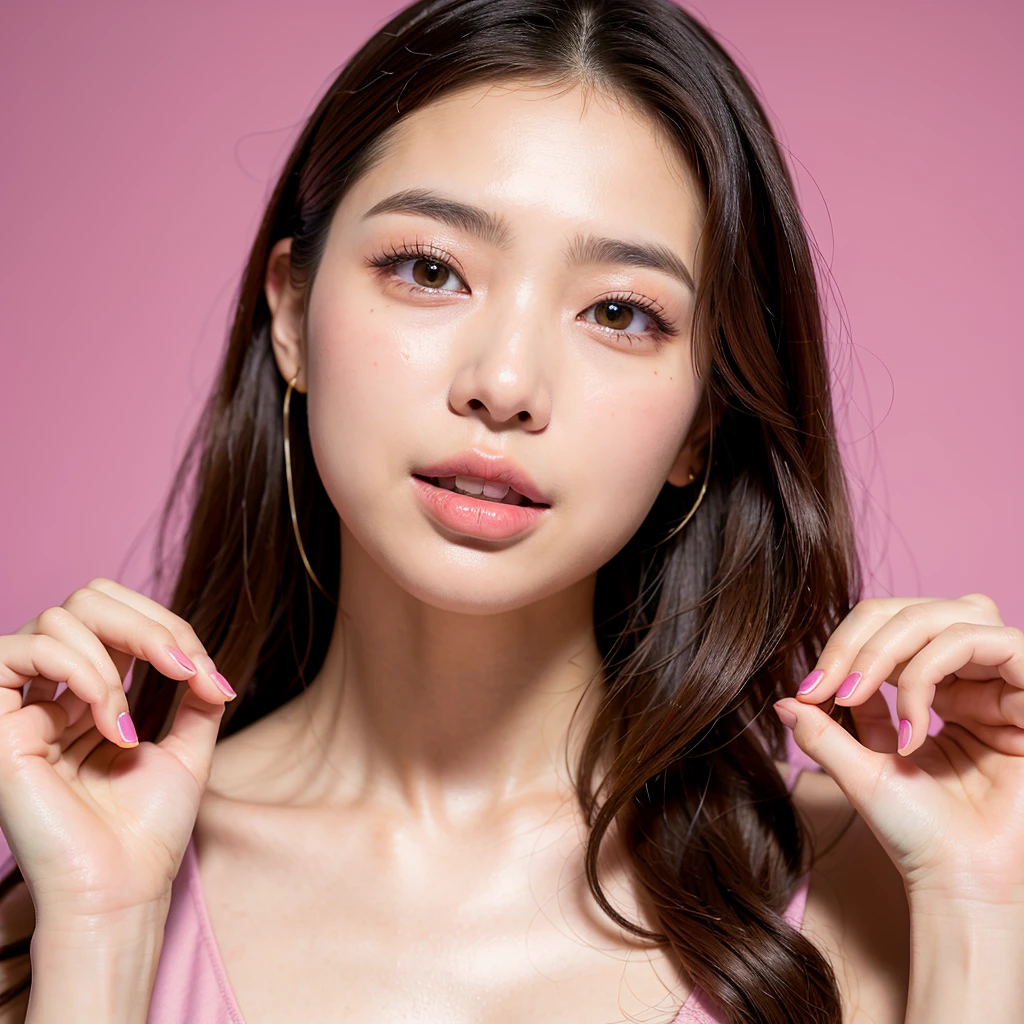 ((masterpiece)), ((Highest quality)), (美しいKorean), Eye for perfect detail, Face in perfect detail, Very elaborate nose, Close your mouth，Long Hair，Cosmetics manufacturer promotion、Perfect Teeth, Bare shoulders, Charm, Perfect Face, Dimples on cheeks, Depth of written boundary, High resolution, ((Real skin texture)), (Well-proportioned hands), Thin lips, Korean，Pink background
