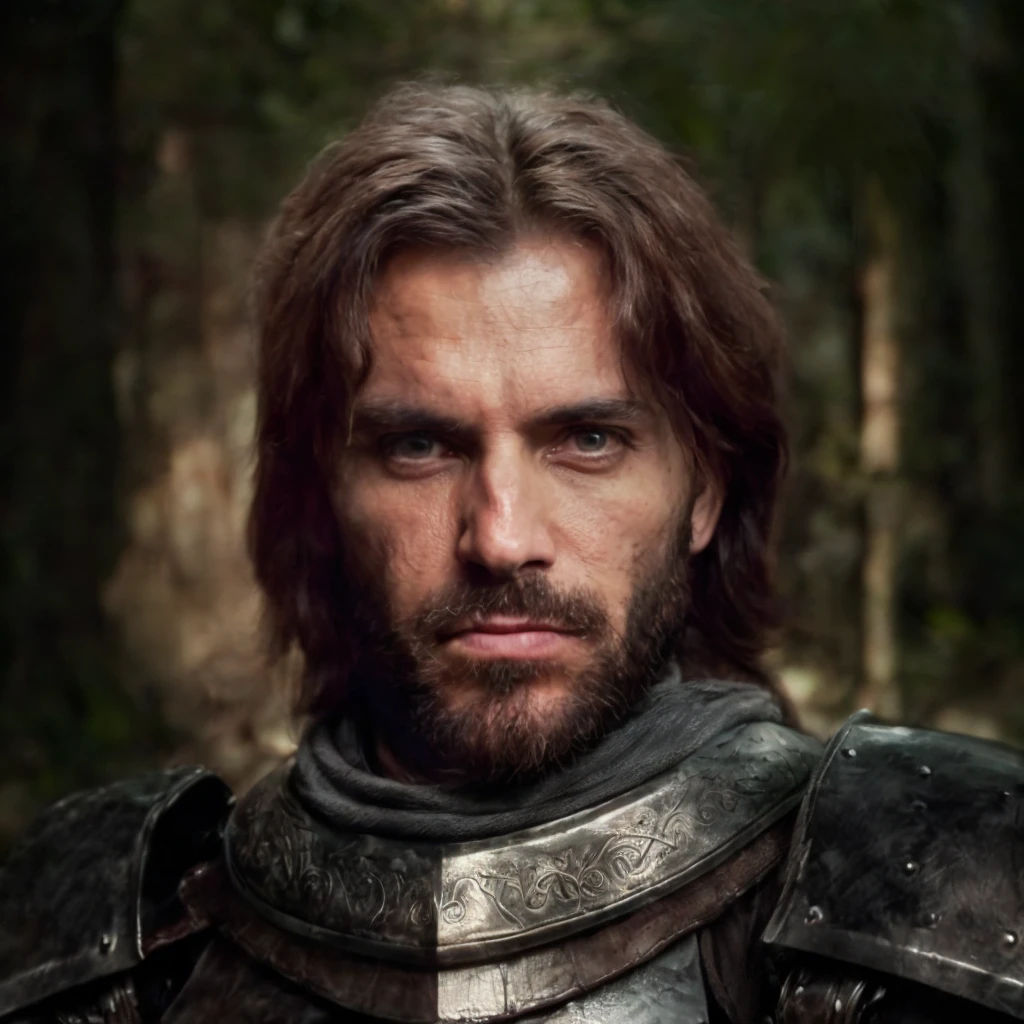 (masterpiece)+, (extremely (realistic)+,a portrait of an attractive male grumpy knight, Suspicious stare. Looking in camera. volumetrics dtx, Photorealistic, ultra detailed, Artstation trending, very very detailed, realistic shaded lighting, dynamic shadows, detailed Forest background, upper body, professional photograph of a detailed skin, sharp focus, dramatic, award winning, cinematic lighting, octane render, unreal engine, volumetrics dtx, Photorealistic, ultra detailed, Artstation trending, very very detailed, hyperrealistic, fine details, realistic shaded lighting, dynamic shadows, Forest background, add_detail:1, skin pores and wrinkles, details.,More Reasonable Details