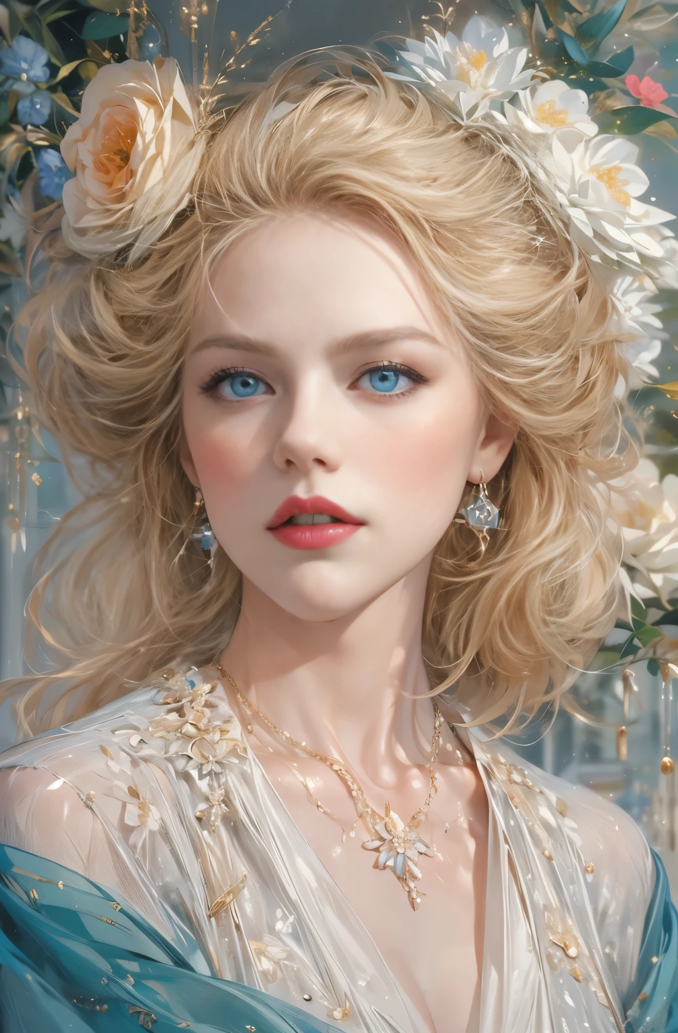 Paris at the beginning of the 20th century, Countess Cagliostro , A rare female thief, Beautiful blonde, A white woman with blue eyes is standing there., A fantastic atmosphere, Between dream and reality, Beautiful Platinum Blonde, very fine and beautiful eyes, Beautiful and delicate blue eyes, Translucent white skin, Rosy lips, Very sharp beauty, Noble and elegant beauty, Appearance of an aristocratic woman from a prominent family in the early 20th century, pretty much beautiful face, Captivating woman, Very stylish woman, Elegant and noble beauty, Beautiful and stylish dresses, A woman who looks about 27 years old, Five-fingered hand, Lots of flowers, Gorgeous and luxurious, photograph:Pamela Drew, tumbler, Minimalism, Nicole Kidman, portrait of Nicole Kidman, young Nicole Kidman, wonderful芸術, actor, Nice, Oscar winners, Charlize, Breathtaking art, Hollywood actress, Claudia Schiffer, Chen Yifei, Female painting, Lots of flowers, Vivid and colorful paintings, Glamorous and luxurious, Chen Yifeiに影響を与えた作品, Works that influenced Francesco Hayes, Inspired by Hendrik Terbruggen, Jean=Works that influenced Auguste Dominique Ingres, Works that influenced Liu Jun, Jean=Works that influenced Auguste Dominique Ingres, artwork in the style of Switzerland, by ヤン・J, Switzerland, Beautiful Art UHD 4K, Detailed painting 4k, Beautiful digital art, Beautiful artwork illustration, Switzerland masterpiece, By Chen Yanjun, Lee Song, Highest quality, The perfect angle, Perfect composition, Best Shot, Official Art, Cinematic Light, Figurative art, Beautiful and expressive paintings, Beautiful artwork illustration, wonderful, Cool Beauty, clear, Muromachi Fantasy, mysterious, Highest quality, Official Art, Extremely delicate and detailed painting style, Beautiful and subtle effects, Elegant and beautiful painting art, The pinnacle of beauty in painting, Perfect light, Perfect composition, The perfect angle, Perfect subject, Best Shot, women only, Sharp contours, Face close-up